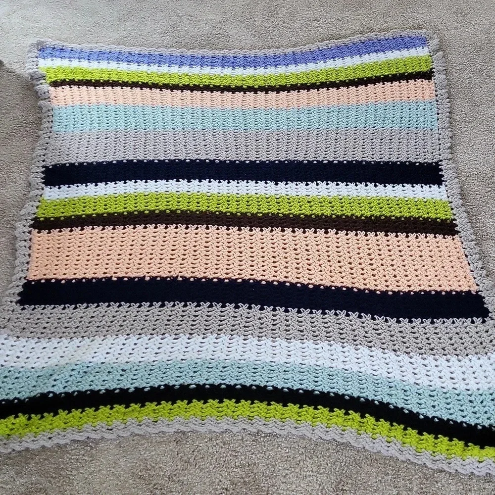 Handmade Striped Mulit Color Crochet Afghan  Blanket Approx.‎ 61 x 46 Grey Trim